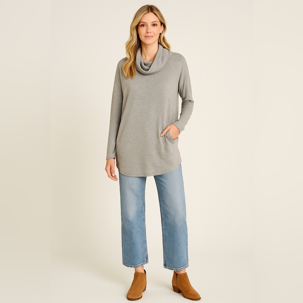 Soft Surroundings Taupe Cowl Neck Tunic Sweater Knit Pullover Size M Cozy